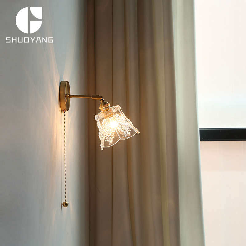 烁阳雕花玻璃壁灯自带拉线开关日式卧室床头书房客厅镜前调节壁灯