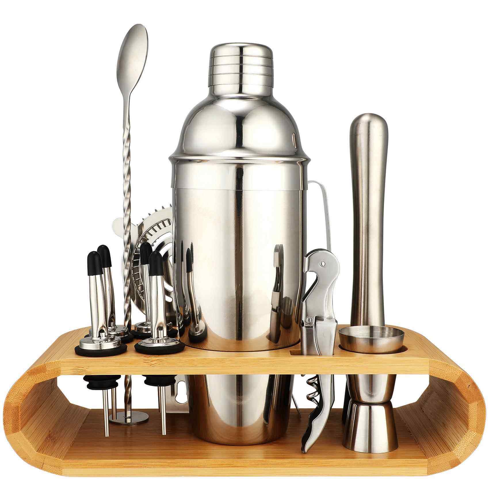 调酒器鸡尾酒摇壶调酒工具套装12件套不锈钢椭圆竹架酒嘴滤冰器