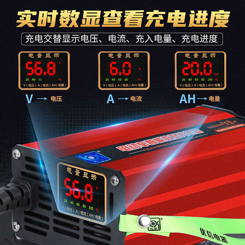 电动车锂电池充电器48V60V72V伏三元磷酸铁锂电瓶5A8A快充充电机