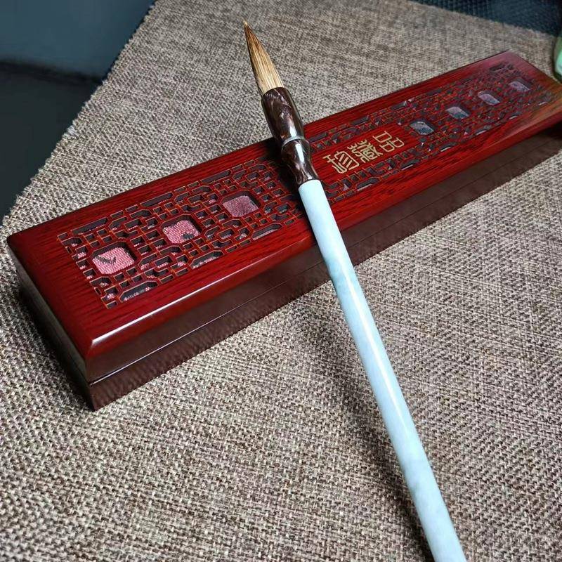 翡翠缅甸玉A货浅绿色种老坑翡翠飘花狼毛笔实心笔杆