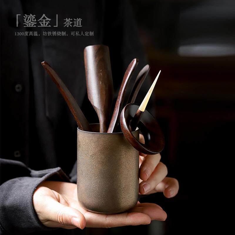 复古黑檀木纹茶道六君子家用茶夹茶勺茶针收纳桶全套泡茶工具配件