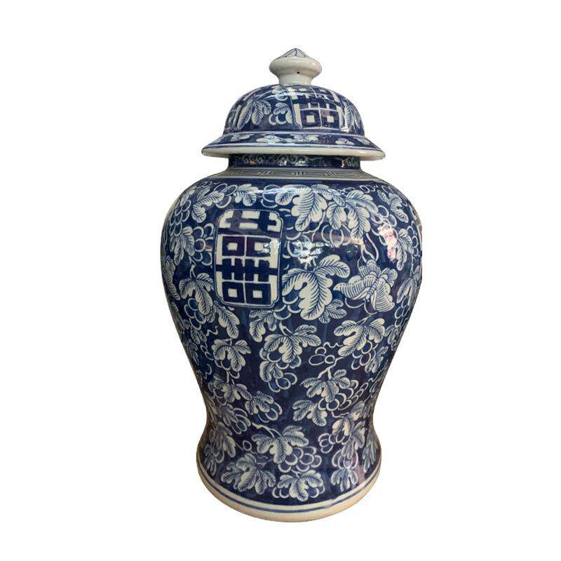 浓青花瓷手绘喜字落地大花瓶花器摆件玄关客厅书房中式储物罐摆件
