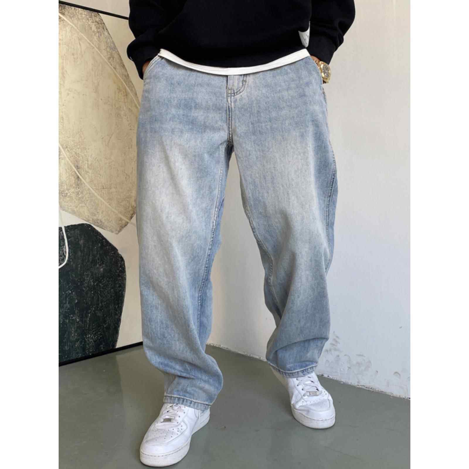 春秋季美式休闲痞帅复古怀旧浅蓝色牛仔裤男直筒宽松百搭阔腿裤子