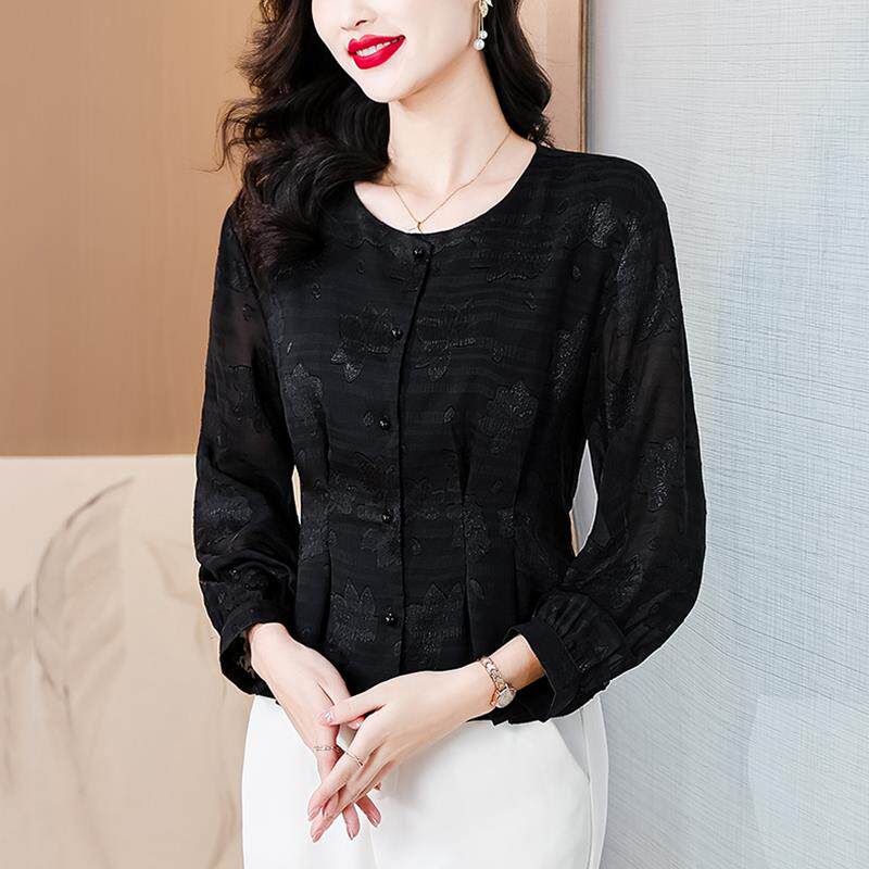 BLLOUKE气质收腰黑色雪纺衬衫女士春秋季2024新款秋装妈妈显瘦衬