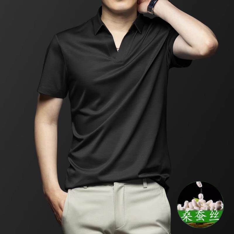 桑蚕丝短袖V领polo衫男商务休闲纯色有领T恤薄款抗菌高端T恤黑色