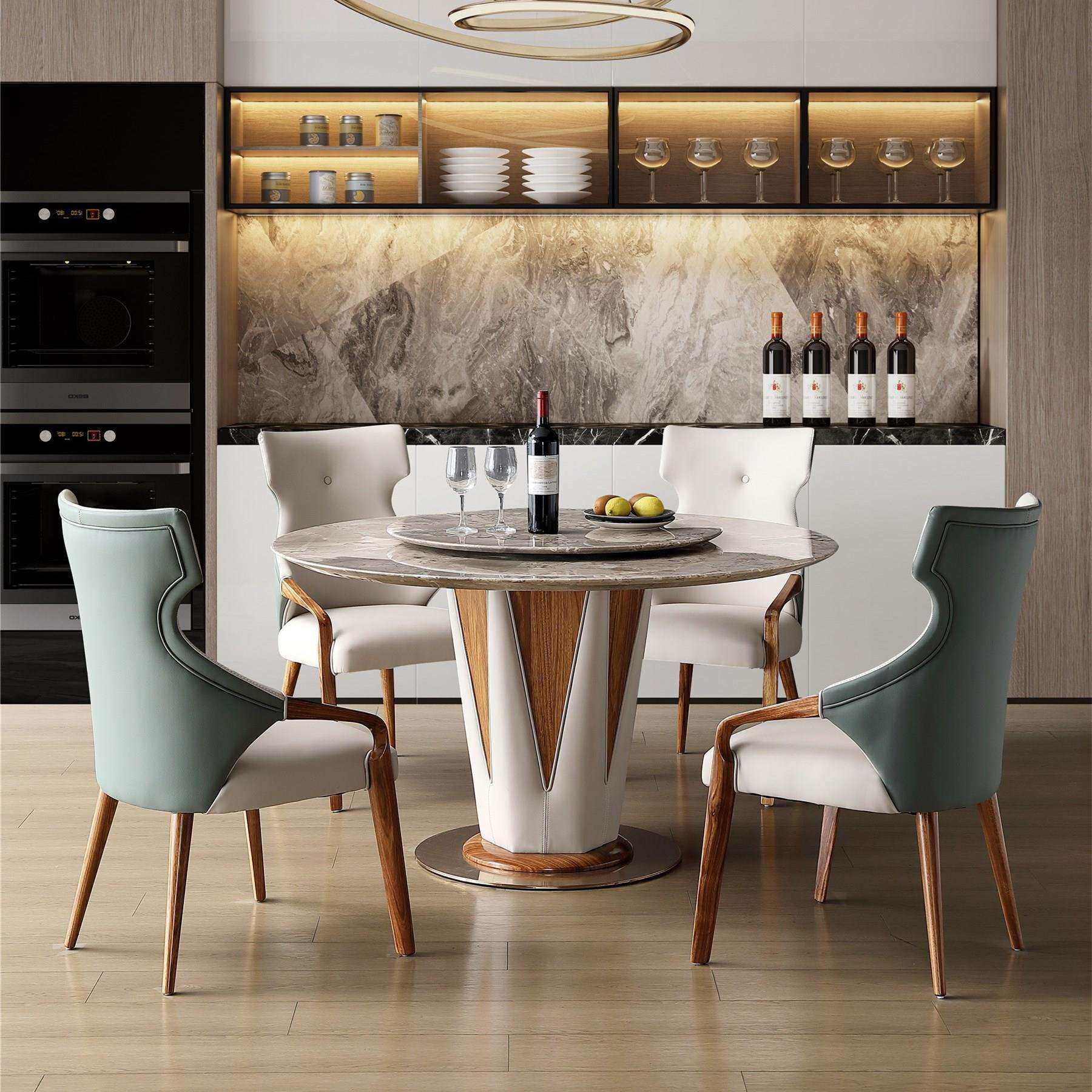 轻奢白蜡餐桌套装大理石岩板饭厅圆形6-8人饭桌餐厅乌金木圆桌椅