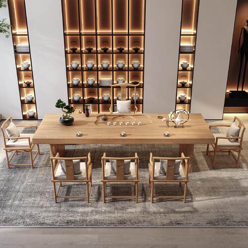 新中式实木泡茶桌带茶盘 家用会客五人位喝茶桌 禅意复古茶桌椅