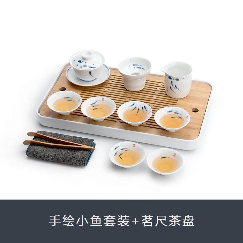 高档南山先生 手绘小鱼具套装 套功夫盖碗茶白瓷家用道杯公茶杯整