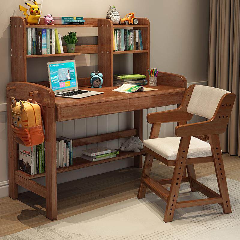 轻奢全实木儿童课桌椅桌子可升降北欧家用简易电脑桌书桌书架组合