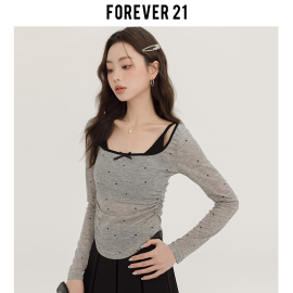 forever21波点微透t恤吊带，两件套女法式纯欲修身显瘦长袖性感上衣