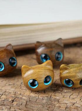 黑檀木雕猫头绿檀木小野猫手工diy 配件配饰通孔可爱猫猫