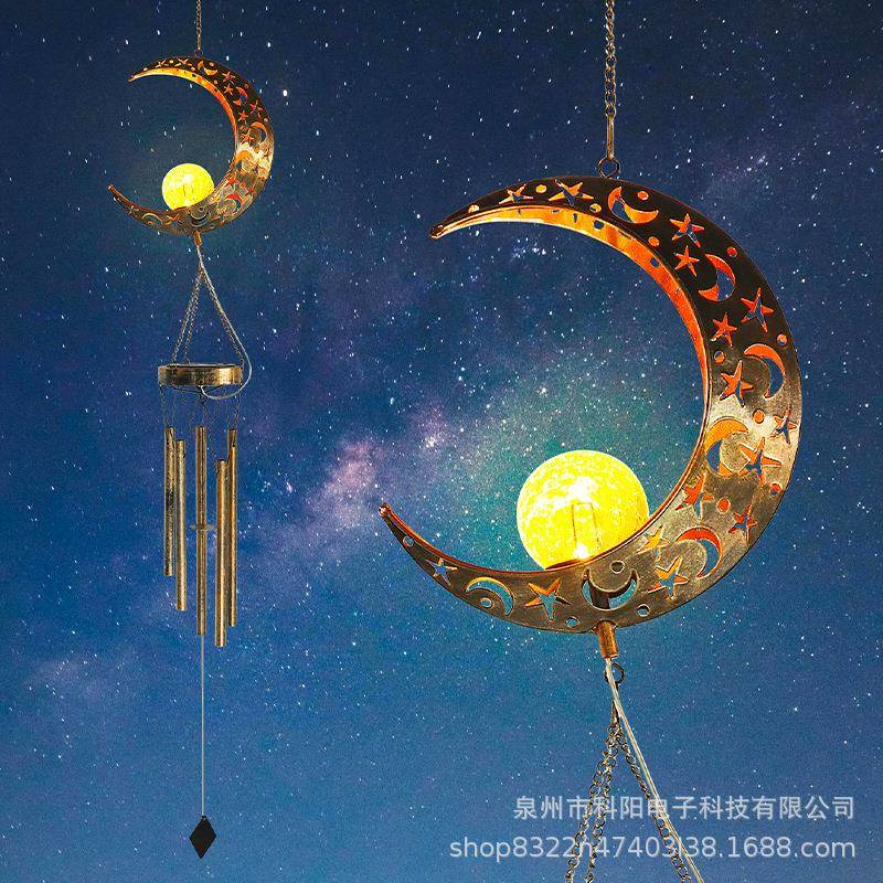 新款直销太阳能风铃灯铁艺灯悬挂式风铃灯户外景观灯太阳月亮风铃