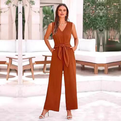 Women's collar wide leg jumpsuit sleeveless waistband