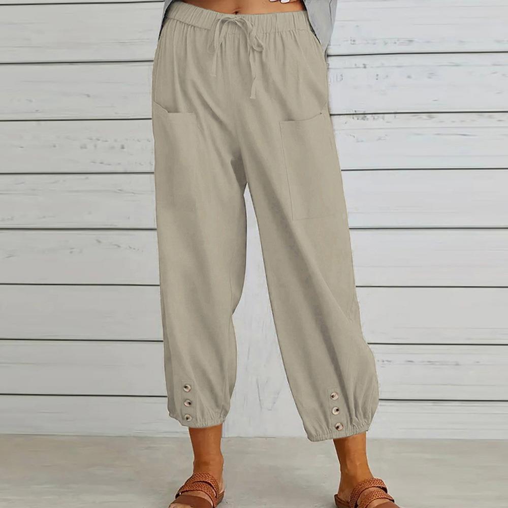 linen high-waist pants buttoned and nine-point womens