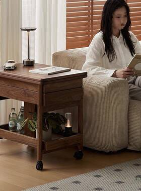 全木全升黑胡桃木可移动可降折叠茶几小户型功多能边实几沙F99J88