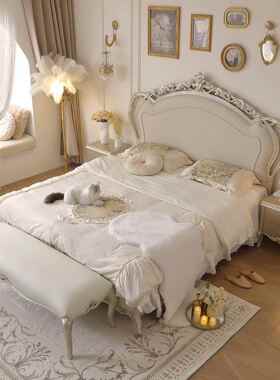 美式实木床法1米8奢大床式606#床+3别墅廷雕花高宫端主轻卧婚床浪