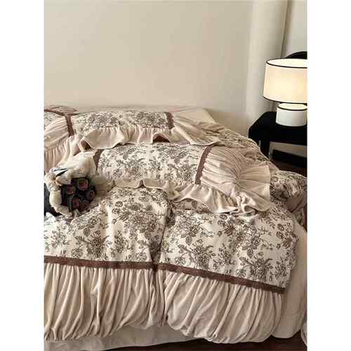 冬法式复古风儿灯芯绒绒印CTN花四件婴套双面加绒被套床单床上季