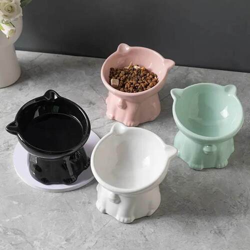 高脚猫碗陶瓷防打翻饭斜口碗猫咪食盆喝水保护颈椎饮水宠物狗粮碗