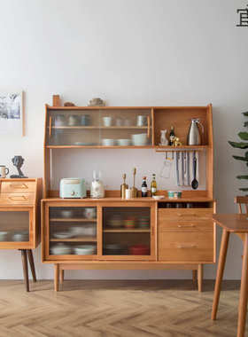 QP8北欧风餐柜实木一体靠墙高柜日式收纳茶水柜客厅置物架实木餐