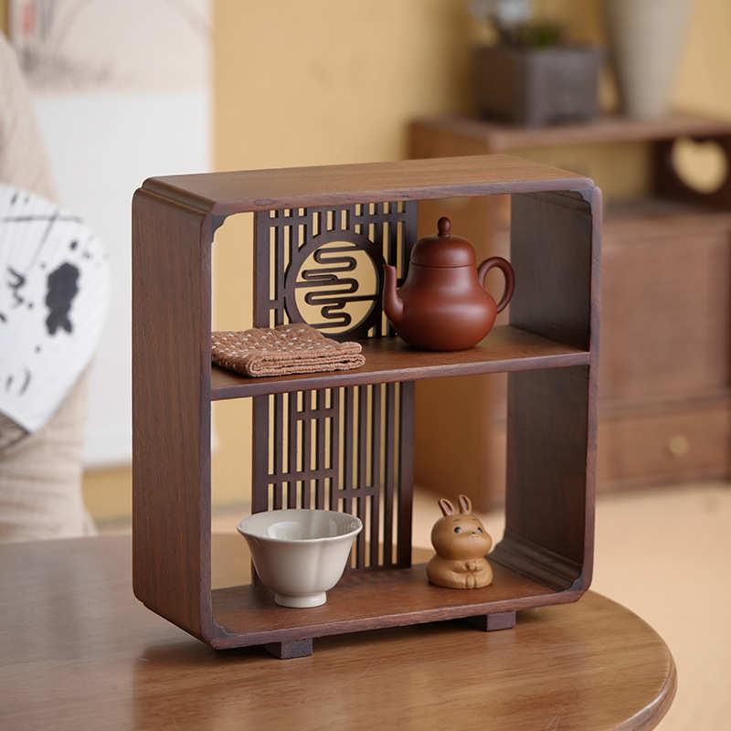 中国风置物架茶具展示收纳柜胡桃木窗花镂空博古架茶道茶室桌面摆