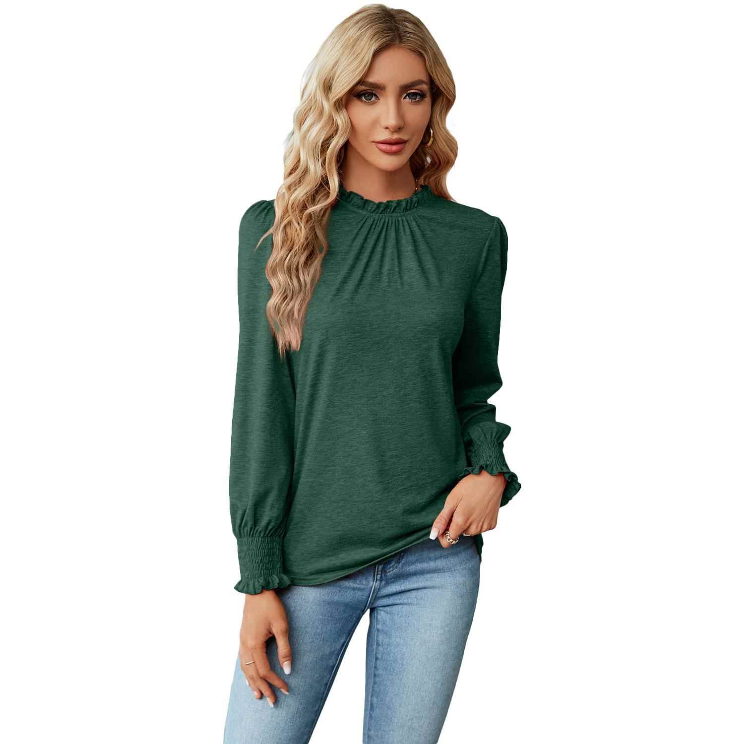 Solid color lace collar long sleeve loose T-shirt top for