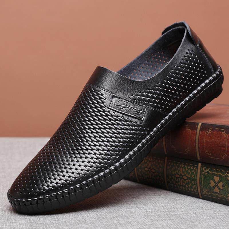 高档春季新款休闲男皮鞋英真皮牛士皮百搭伦透气男鞋子软底驾车男