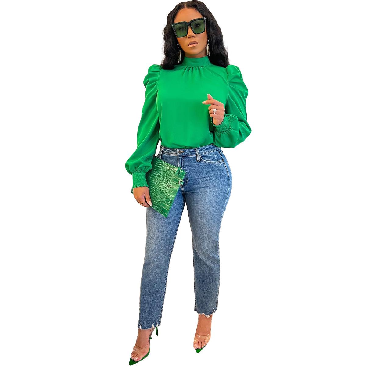 top puff Womens long back stand color solid collar tie
