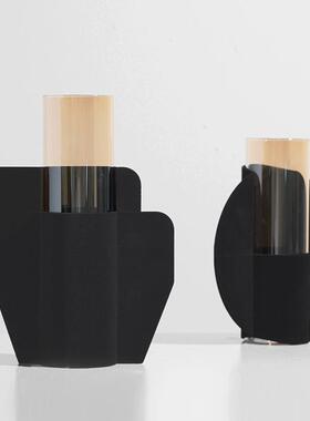 现代轻奢黑色金属玻璃花瓶摆件家居民宿插花器样板房设计师装饰品