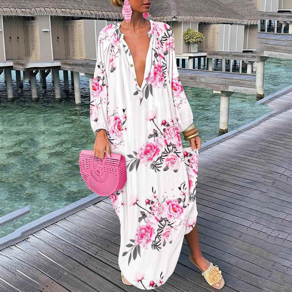 Plus Size Dress Bohemian Long Sleeve Skirt Button Loose