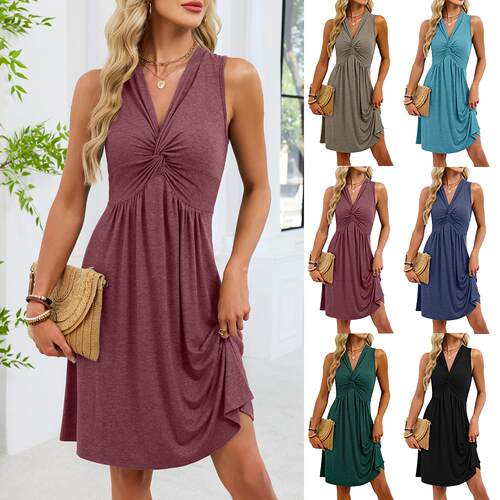 Women's sleeveless V-neck knotted mid skirt