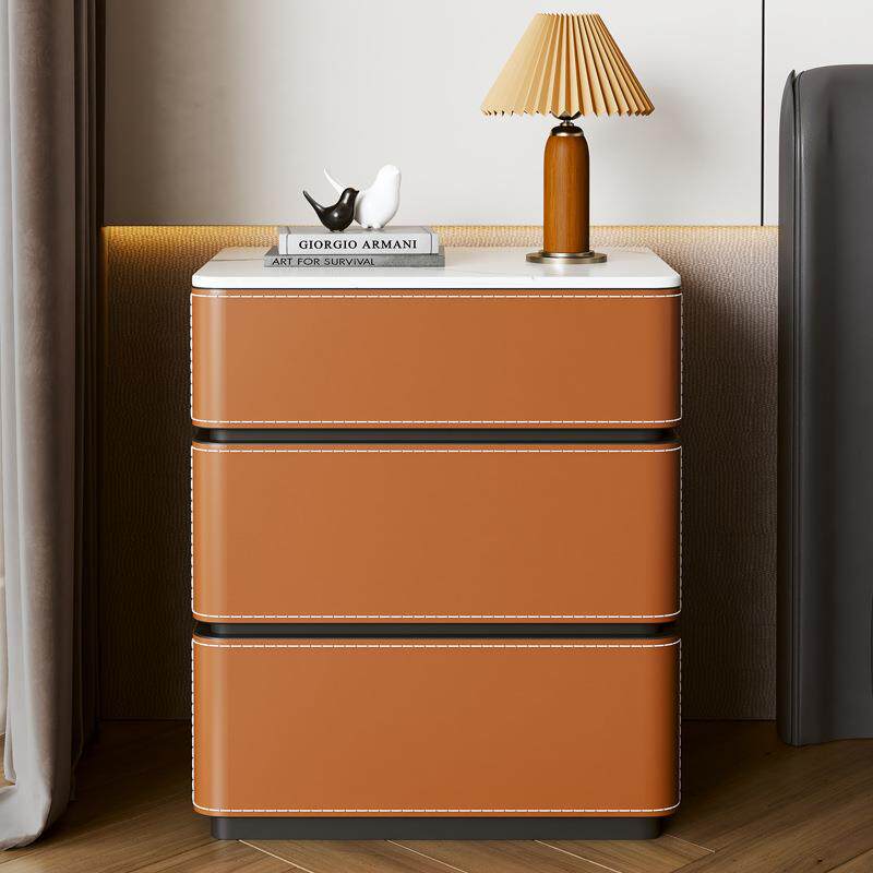 计意极简马鞍皮床头柜轻奢MA02三抽实木岩板边柜高式端设简师约现