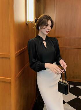 岛歌夫人缎面高级感长袖衬衫黑色2026春秋新款女装衬衣设计感小众