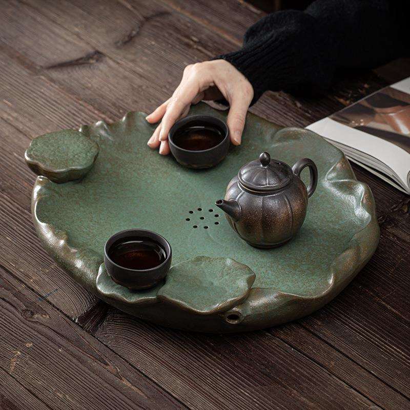 鎏金莲花茶盘茶具排水托盘家用储水茶台陶瓷干泡台大号圆形沥水盘