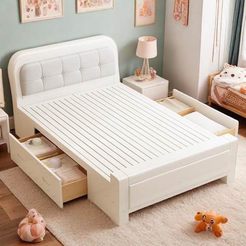 2实木床m1.米单卧人床白色奶油风小床小户型简约儿童次软见包装1