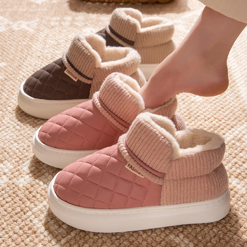 pu防水棉鞋2025秋冬季新款情侣居家外穿厚底防滑包跟棉拖鞋女男士