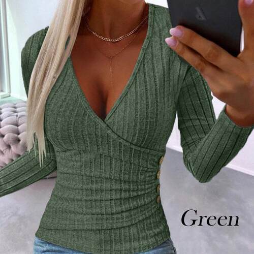 Pit knit pullover V-neck long sleeved t-shirt for women
