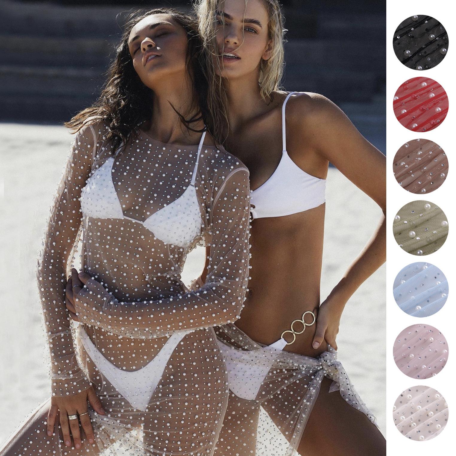 Women Bikini Cover Long Sleeve Dress with Pearl Decoration