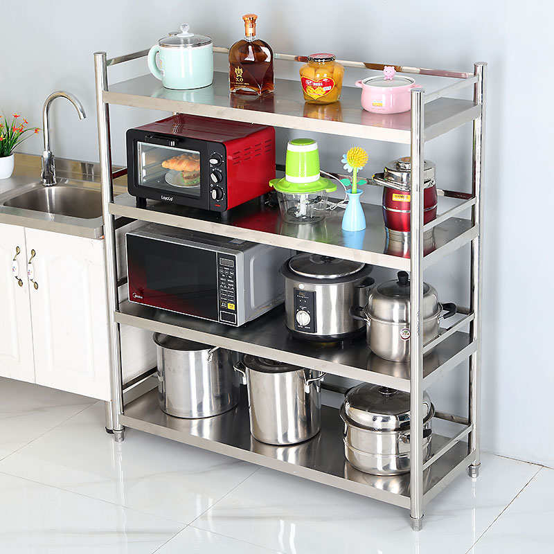 不锈钢厨房置物架带围栏微波炉架收纳储物货架锅架子落地家用多层