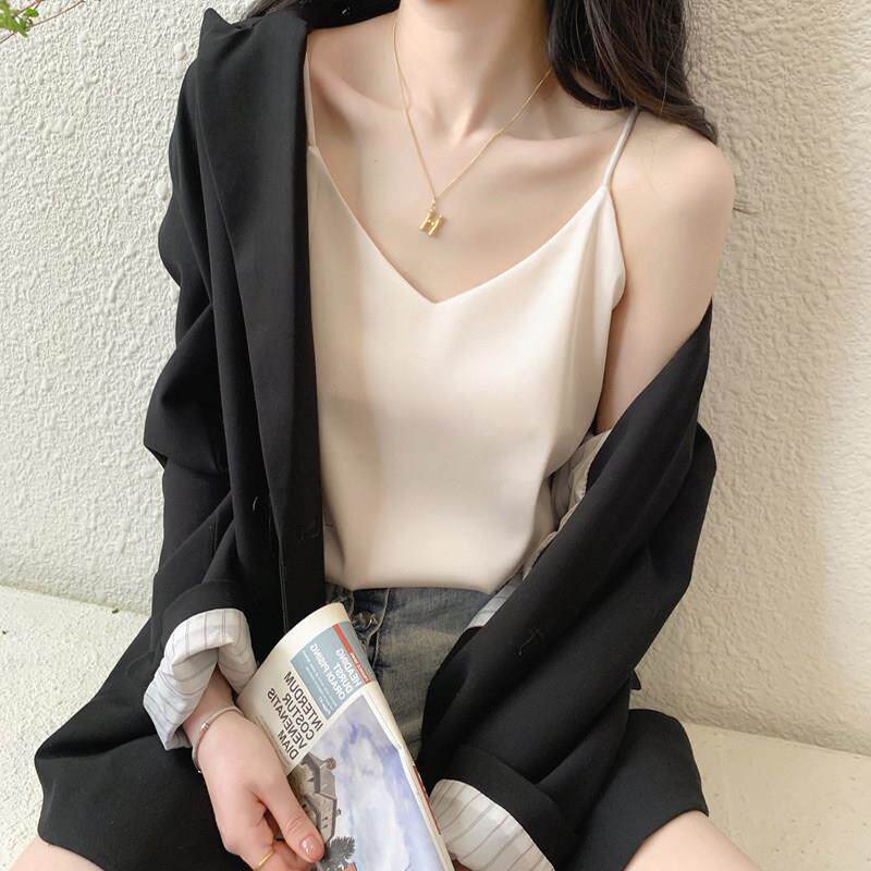 v领吊带背心女早春新款法式复古性感西装内搭上衣外穿美背打底衫