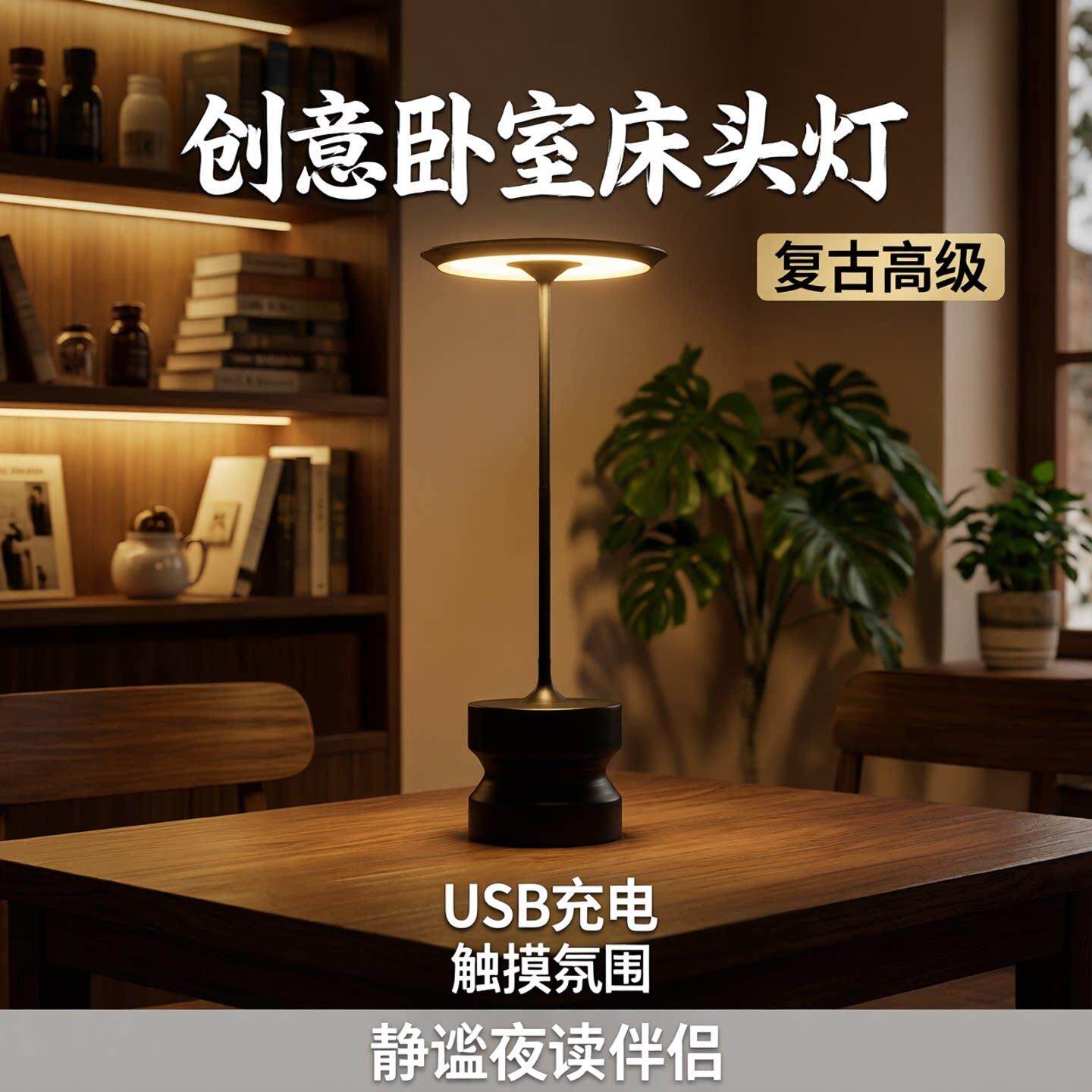北欧复古USB充电触摸台灯三色调光卧室床头创意餐厅氛围装饰台灯