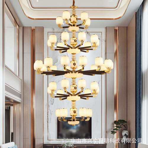 新中式别墅复式楼客厅吊灯中国风卧室书房灯家用全铜实木餐厅灯具