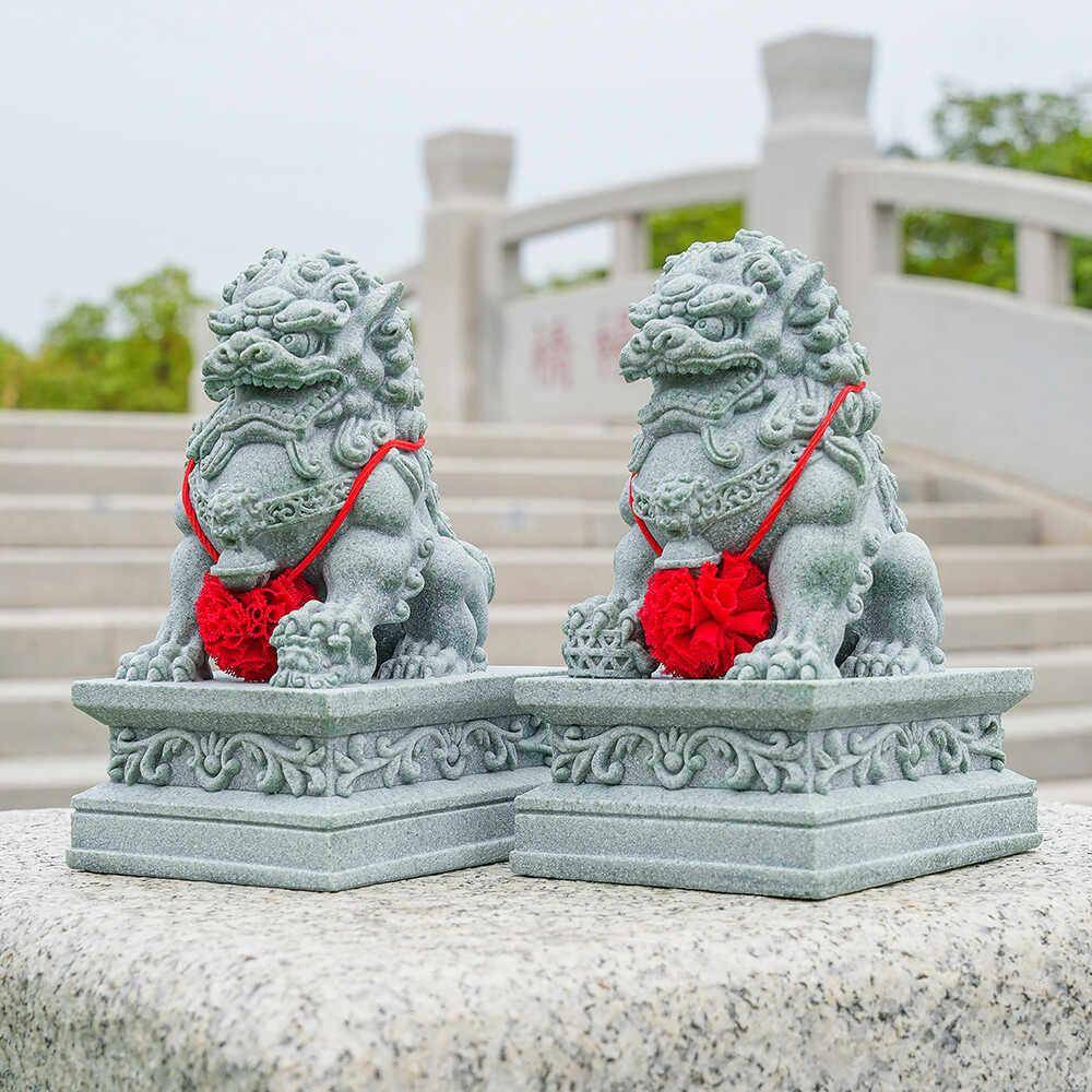 中式招财石狮子一对镇宅家用摆件鱼缸造景桌面家居装饰青石石狮子