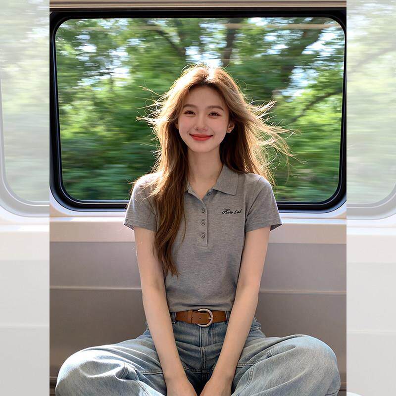 灰色针织polo衫正肩短袖t恤女夏季设计感小众修身短款翻领上衣薄