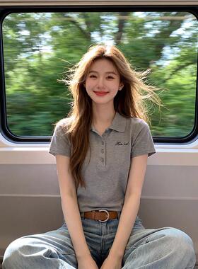 灰色针织polo衫正肩短袖t恤女夏季设计感小众修身短款翻领上衣薄