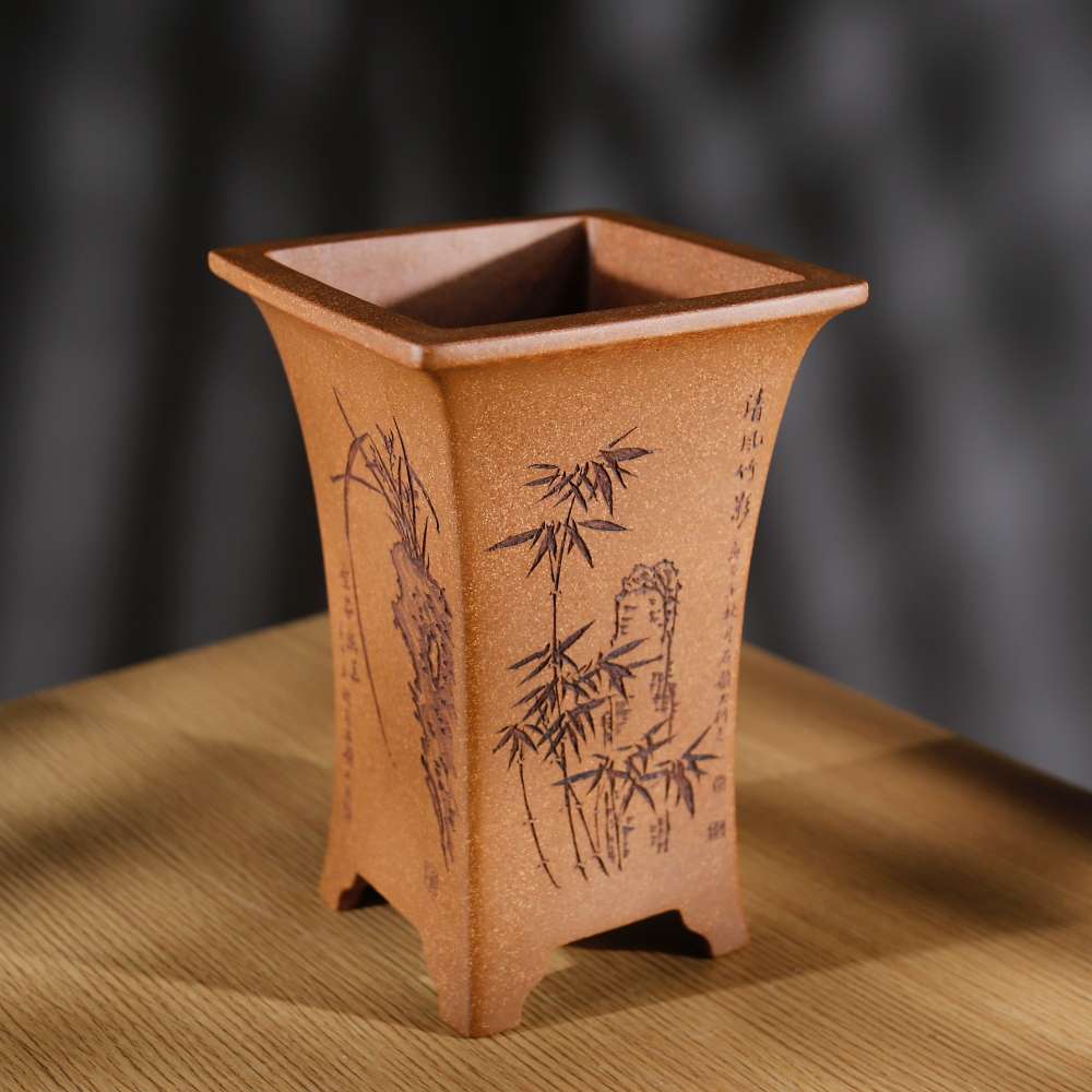 高档精品名家许成安高四方束腰飘口宜兴原矿段泥兰花紫砂盆景花盆
