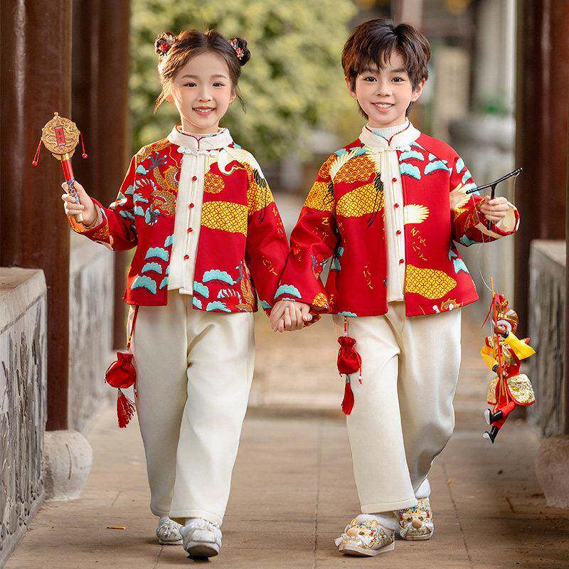 幼儿园唐装元旦表演服冬季新款男女宝宝加厚中国风汉服喜庆拜年服
