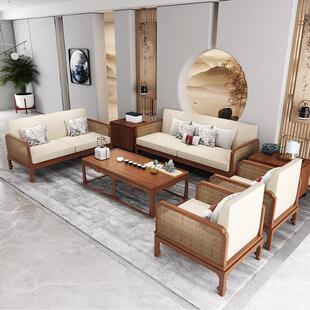 新中式酒店民宿会所大堂大厅白蜡木实木藤编布艺沙发组合别墅家具