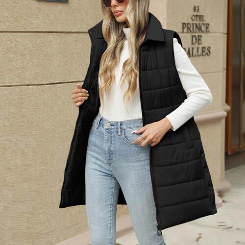 Women Puffer Vest Quilted Hood Button Closure Winter Coat