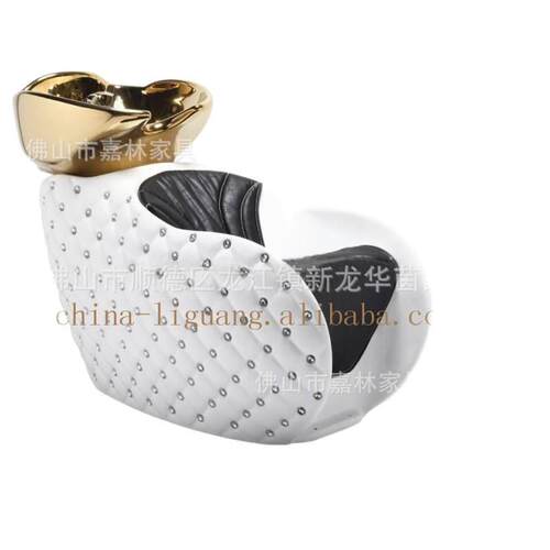 外贸理发店洗头床金色洗头盆玻璃钢水晶扣带脚踏半躺洗头床