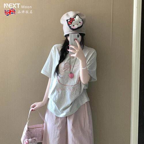 Next Moon英国联名可爱猫咪刺绣短袖T恤女夏季新款宽松显瘦设计感